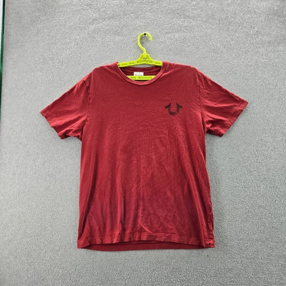 True‎ Religion Men Shirt L Red Guitar Buddha Logo Graphic Print Short Sleeve